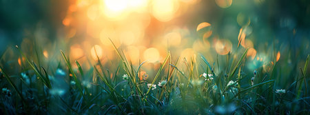 A close-up image of dewy green grass blades in a sunlit forest.の素材