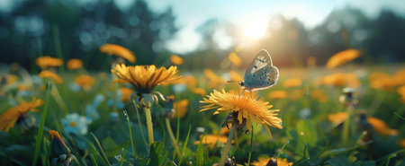 A vibrant Monarch butterfly lands on a yellow dandelion blossom in a field of blooming flowers. The sun shines brightly, creating a beautiful summer scene.の素材