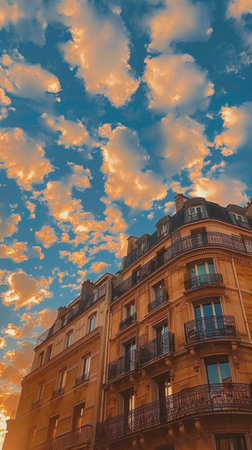 A stunning view of the sunset sky over Parisian buildings.の素材