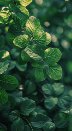 A close-up photo of green leaves with sunlight filtering through, creating a bokeh effect in the background.の素材
