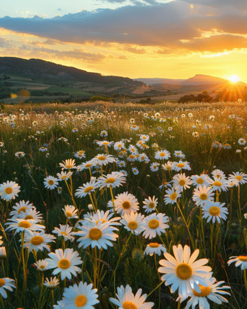 A field of daisies basks in the golden glow of a setting sun, with rolling hills in the distance.の素材