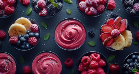 A close-up of three glasses of frozen berry cocktails on a black background. The cocktails are garnished with fresh and frozen berries, including strawberries, raspberries, blueberries, and blackberries.の素材