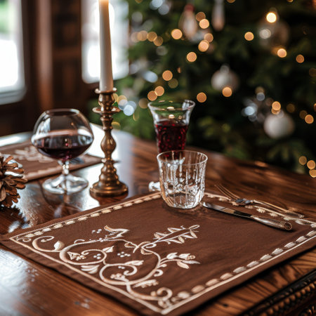 A close-up of a brown placemat with a wine glass filled with red wine, set on a wooden table with silver candlesticks.の素材
