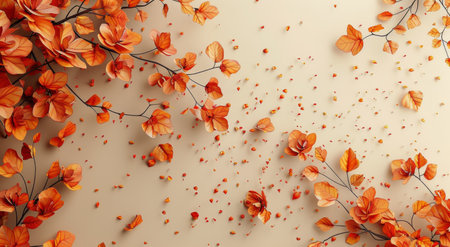 A flat lay image featuring colorful autumn leaves arranged on a light beige surface. The leaves are a mix of orange, red, and brown, with some of the leaves having a darker, almost black hue.の素材