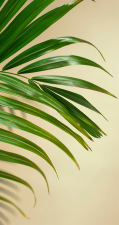 A close-up shot of a green palm frond against a light beige wall. The leaves are long and slender, with a slight curve.の素材