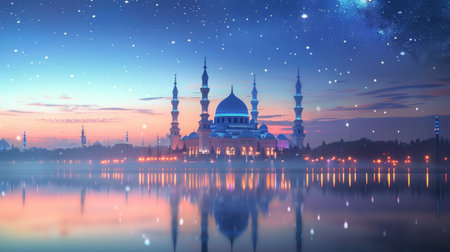 A majestic mosque stands tall against a backdrop of a vibrant sky, illuminated by twinkling stars and reflecting in the still waters of a calm lake.の素材