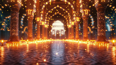 A hallway with ornate pillars and a soft, glowing light emanating from the ceiling and floor.の素材