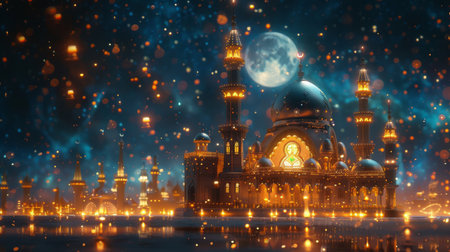 A majestic mosque stands tall against a backdrop of a vibrant sky, illuminated by twinkling stars and reflecting in the still waters of a calm lake.の素材
