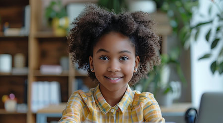 A young girl with an afro hairstyle smiles at the camera while sitting in a home office setting.の素材