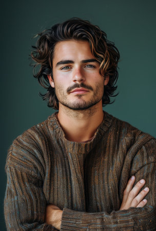 A close-up portrait of a young man with long wavy brown hair wearing a white button-down shirt.の素材