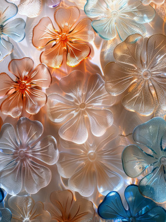 A close-up view of several translucent glass leaves in shades of blue, pink, and orange.の素材