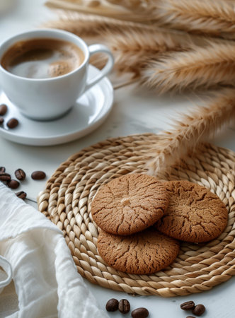 A cup of coffee and cookies on a woven placemat, with dried pampas grass and white bedding.の素材