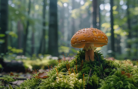 A close-up of a single brown mushroom growing on a bed of green moss in a forest setting.の素材