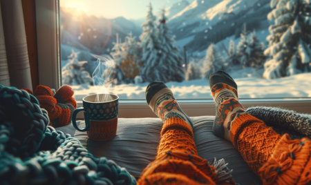 A warm cup of tea sits on a windowsill overlooking a snowy winter day, while a pair of cozy socks rests on a blanket.の素材