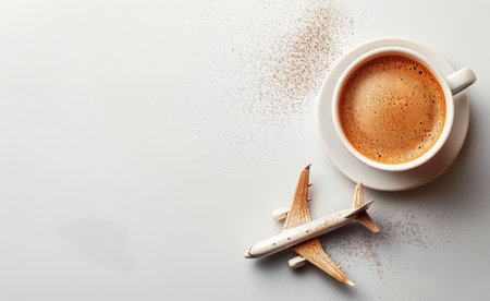 A close-up of a white mug filled with coffee and latte art depicting a white airplane.の素材