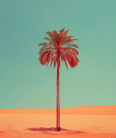 A single palm tree stands tall on a white sand beach under a clear blue sky with fluffy white clouds.の素材