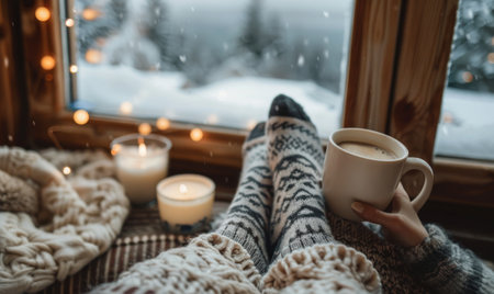 A warm cup of tea sits on a windowsill overlooking a snowy winter day, while a pair of cozy socks rests on a blanket.の素材