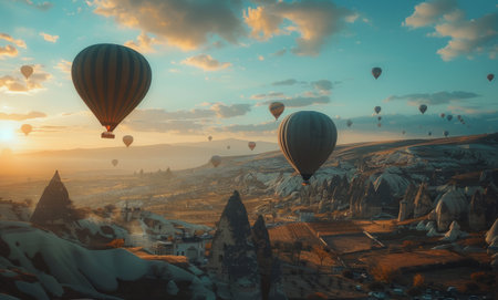 A breathtaking view of colorful hot air balloons ascending over the unique landscape of Cappadocia in Turkey during sunrise.の素材