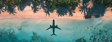 An airplane shadow in the turquoise water of a tropical beach, viewed from above.の素材