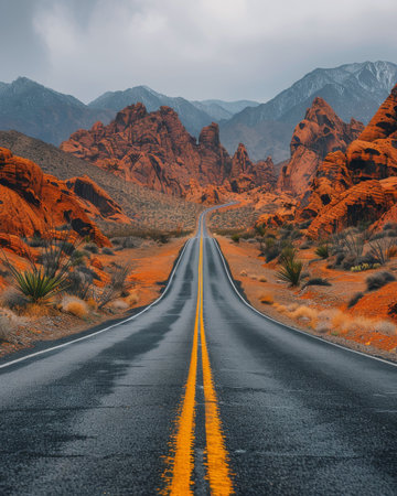 A paved road with double yellow lines stretches through the dramatic landscape of Red Rock Canyon National Conservation Area.の素材