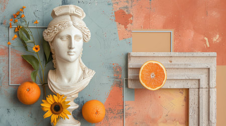 A white plaster bust of a man is surrounded by various fruits, including oranges and lemons, a sunflower, and greenery. The background is made up of yellow and orange surfaces.の素材