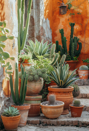 Four potted cacti and succulents stand in front of a textured, reddish-orange wall, adding a splash of green to the scene.の素材