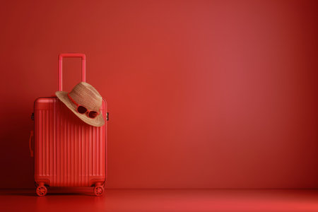 A red suitcase with a straw hat on top stands against a red wall.の素材