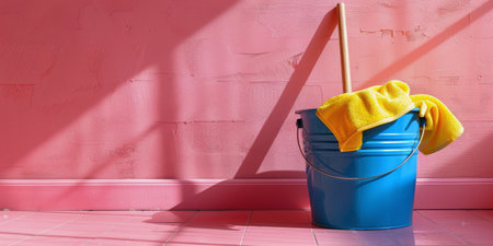 A blue cleaning bucket with a yellow mop and cleaning cloth resting against a pink wall.の素材