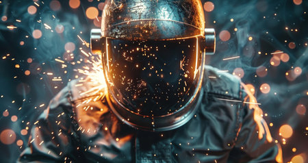 A close-up shot of a welder wearing a helmet with sparks flying from the welding process.の素材