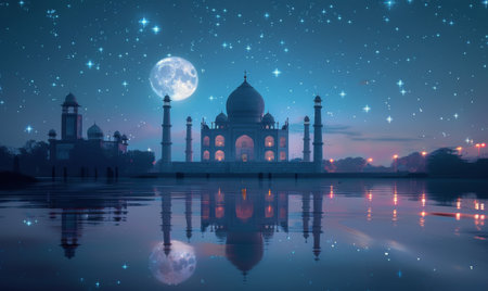 A stunning nighttime view of the Taj Mahal in Agra, India. The iconic mausoleum is illuminated by the full moon and stars.の素材