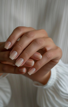 A close-up photo of hands with a natural, light-colored nail polish. The nails are neatly trimmed and polished, showing a minimalist and elegant look.の素材