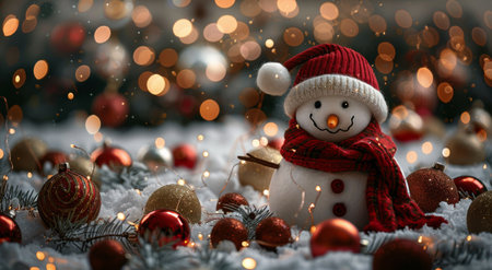 A snowman with a red hat and scarf stands in the snow with Christmas lights and ornaments surrounding it.の素材