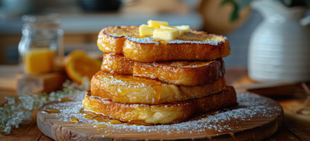 Close-up of a stack of French toast drizzled with maple syrup and topped with a pat of butter on a wooden board.の素材