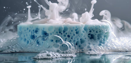 A close-up of a blue cleaning sponge covered in white soap suds.の素材