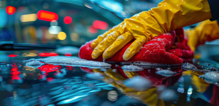 A close-up shot of a hand wearing a yellow glove cleaning a car windshield with a red sponge. The car is covered in soapy water, and the background is blurry with out-of-focus lights.の素材