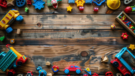 A flat lay of various colorful plastic toys on a wooden background.の素材