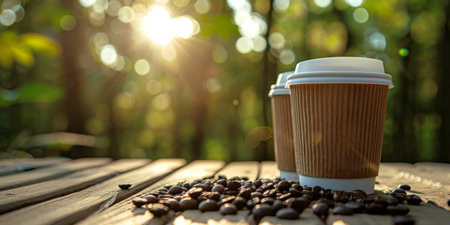 Two disposable coffee cups sit on a wooden table with coffee beans scattered around them. The background is a blurred image of a sunlit forest.の素材