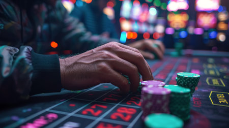 A close-up shot of illuminated slot machine reels displaying the numbers seven and the word bar at night.の素材