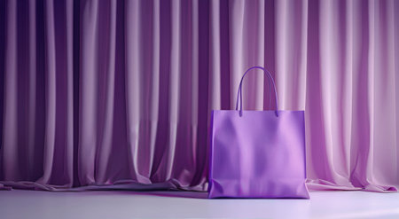 A purple shopping bag sits on a white surface in front of a background of purple curtains.の素材