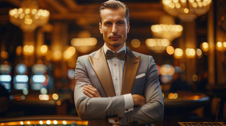 A casino dealer wearing a vest and bowtie sits at a gaming table with chips and cards. The casino is brightly lit with slot machines in the background.の素材