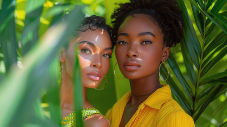 A portrait of a woman wearing a yellow headscarf and dress with blue eyeshadow, posing against a teal background with palm leaves.の素材
