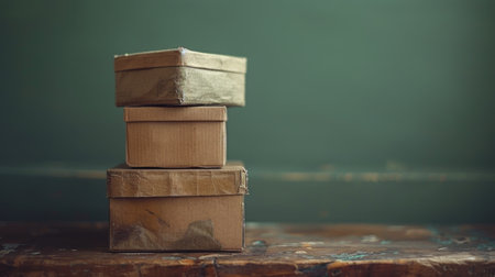 A stack of three cardboard boxes sits on a wooden surface in front of a green wall.の素材