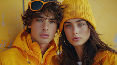 A young couple poses against a yellow wall, wearing matching yellow outfits. The man wears a yellow jacket and sunglasses, while the woman wears a yellow beanie and jacket. They both have a serious expression on their faces.の素材