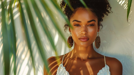 A close-up portrait of a woman with dark hair posing with her back against a wall. The bright sun shines through the leaves of a palm tree.の素材