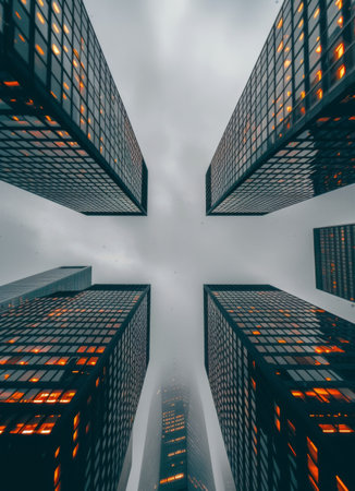 A low-angle shot capturing the towering modern skyscrapers of a city, viewed from the street below, on a cloudy day.の素材
