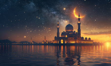 A beautiful mosque illuminated at night with a crescent moon and stars in the sky.の素材