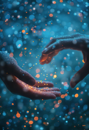 Two hands reach out, one catching shimmering glitter rain falling from the other, against a blue background dotted with bokeh.の素材