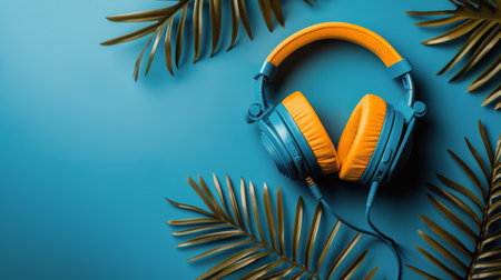 A pair of blue and yellow headphones lie on a blue background with palm leaves surrounding them.の素材