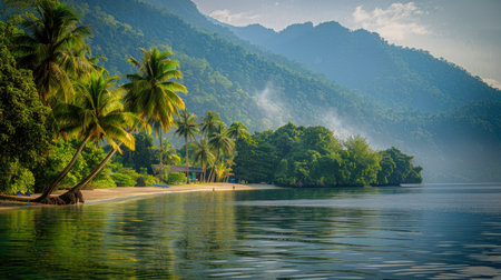 An aerial view of a small island with lush green foliage and a sandy beach in a large lake surrounded by mountains.の素材