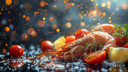 Close-up of cooked shrimp with lemon wedges and tomatoes on a black background.の素材